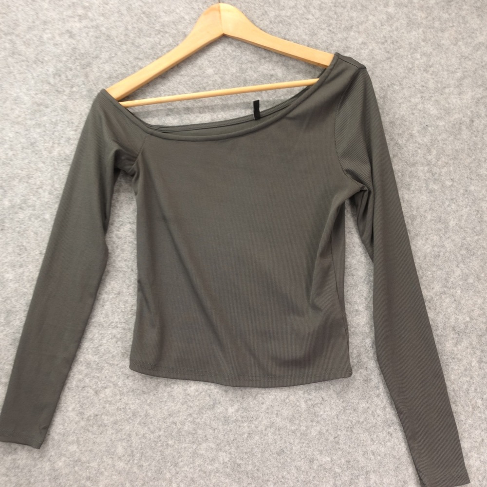 Y2K Grunge Ribbed Crop Top Womens SMALL Gray Off the Shoulder Indie ONLY